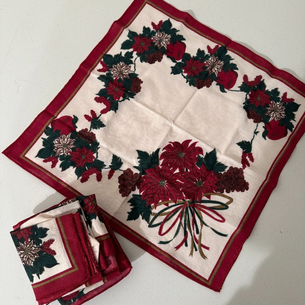 Vintage Holiday Poinsettia Napkin Set | Red & Green Floral | Set of 6